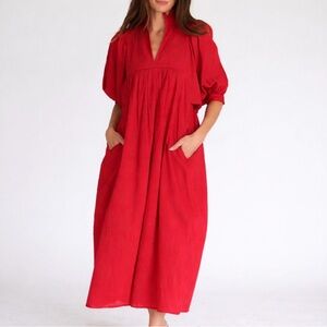 Never A Wallflower Red Midi Dress Puff Sleeve Ruffle Women’s XS Spring